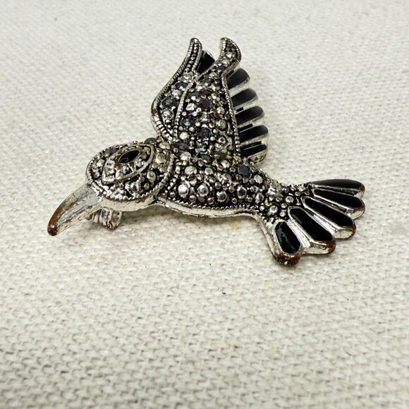 Hummingbird Figural Brooch Pin Marcasite Black Enamel Silver Tone Metal - Picture 2 of 7
